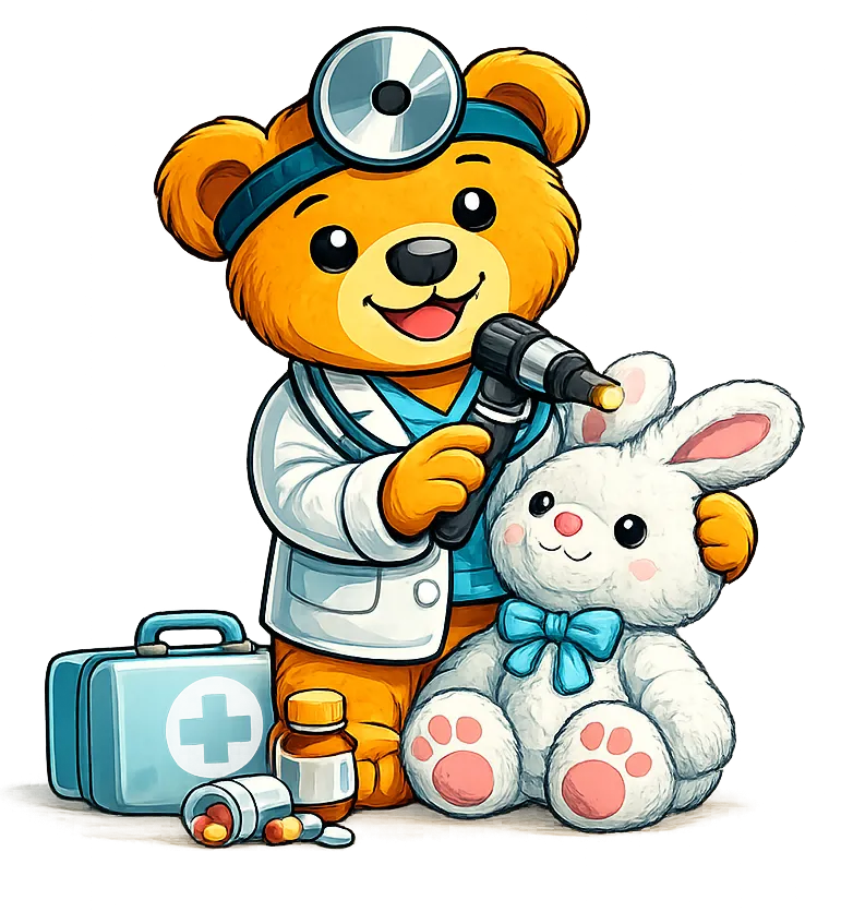 Maskot ordinace — medvídek doktor vyšetřuje