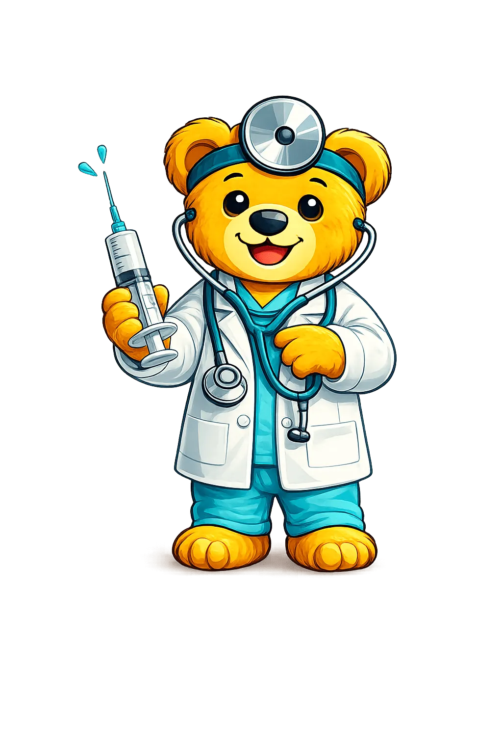 Maskot ordinace — medvídek s injekční stříkačkou