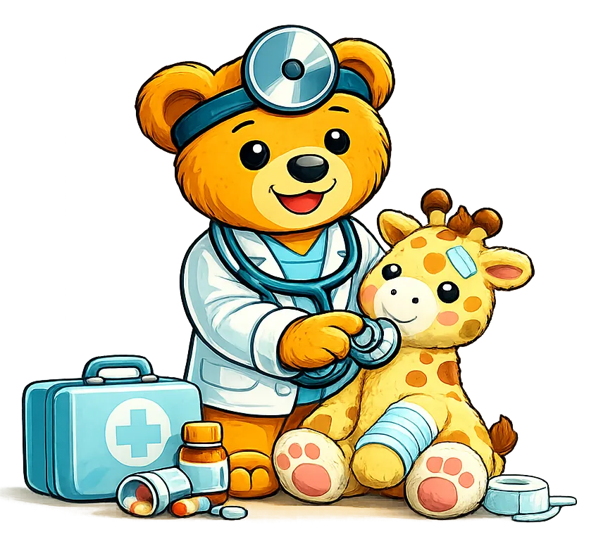 Maskot ordinace — medvídek doktor vyšetřuje