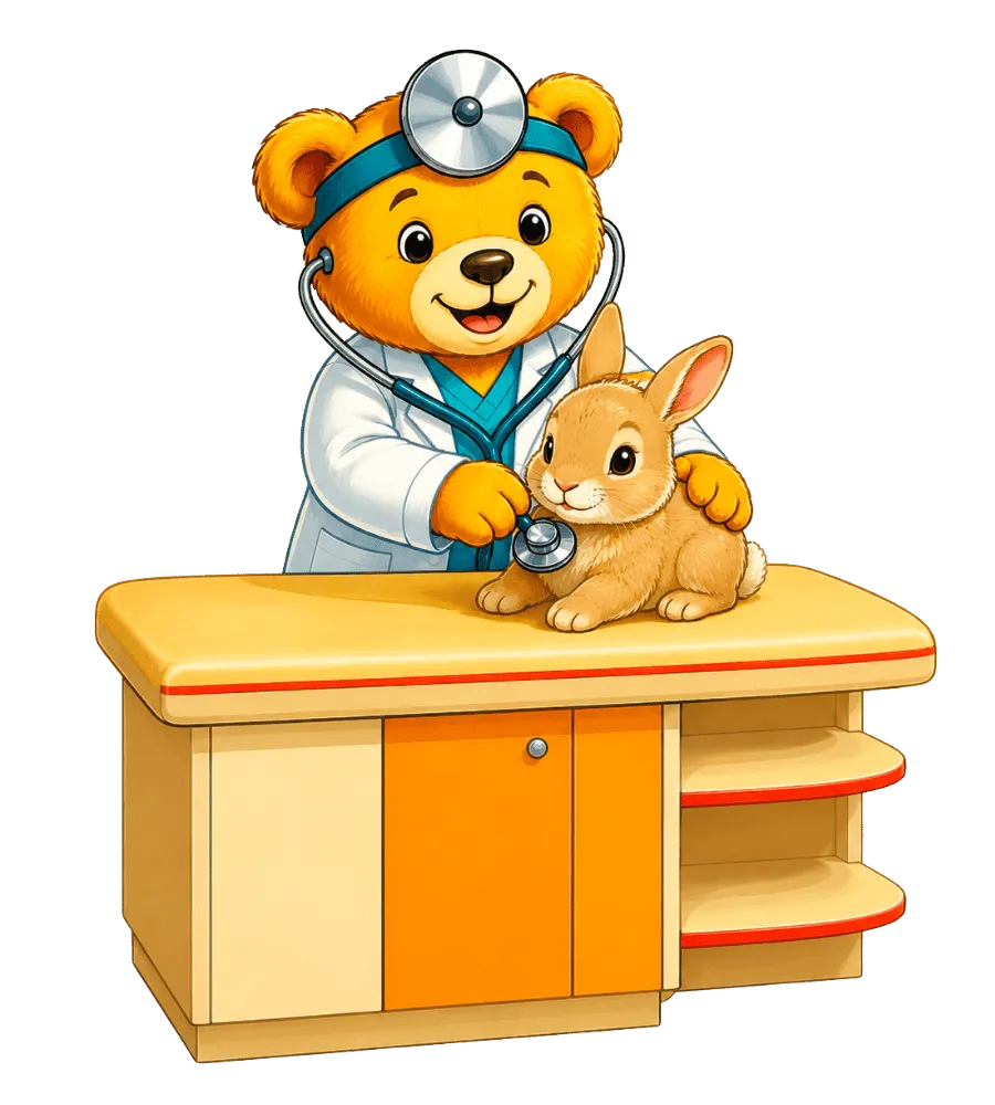 Maskot ordinace — medvídek doktor vyšetřuje